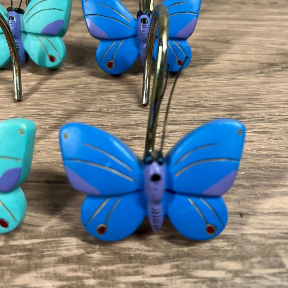 Butterfly Shower Curtain Hooks Multicolor Resin Whimsical Purple Blue Set of 12